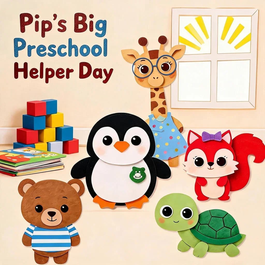 Pip's Big Preschool Helper Day - an AI-generated children's storybook cover