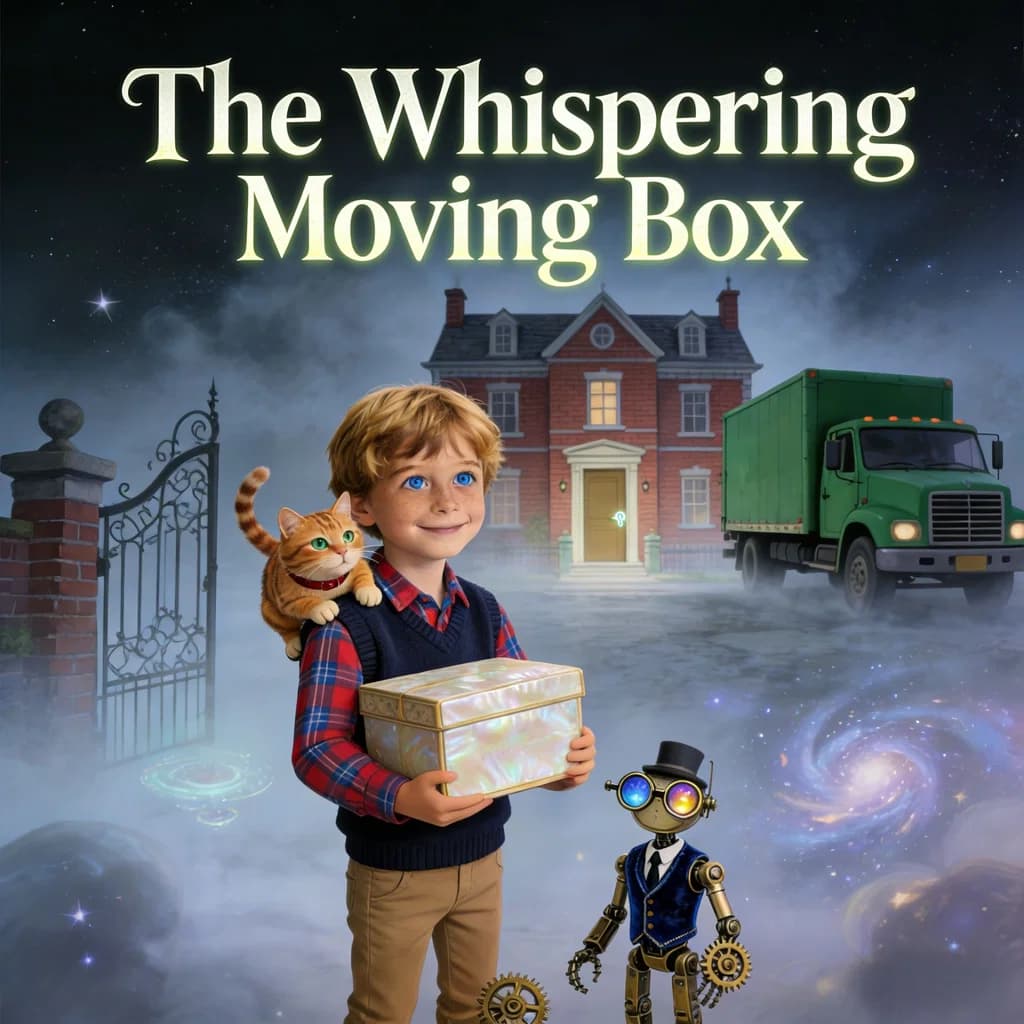 The Whispering Moving Box – an AI-generated children's storybook cover