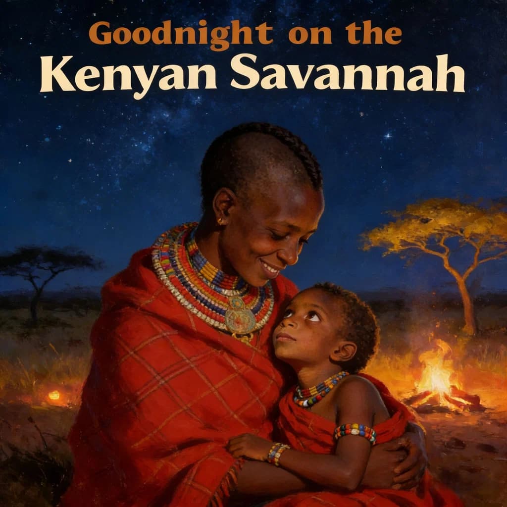 Goodnight on the Kenyan Savannah – an AI-generated children's storybook cover